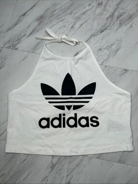 adidas White Halter Crop Top with Black Trefoil